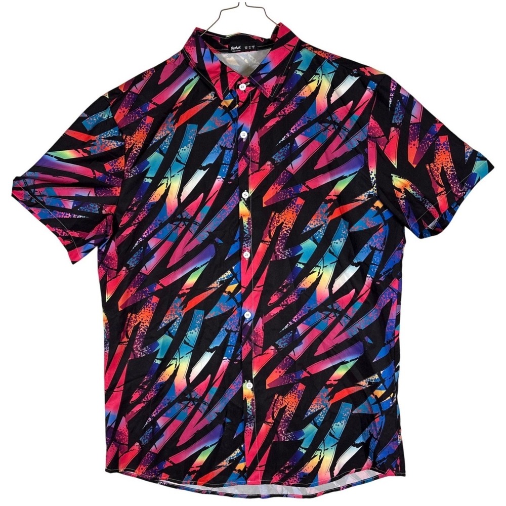 Romwe Mens XXL Abstract Geometric  Print Short Sleeve Button Down Shirt Black